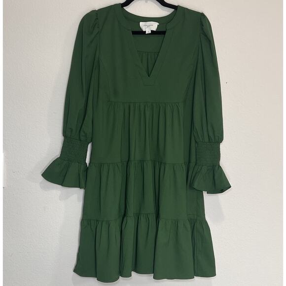 Tuckernuck Pomander Place Kenzo Dress Size S Hunter Green Crepe V Neck Tiered - Picture 2 of 16